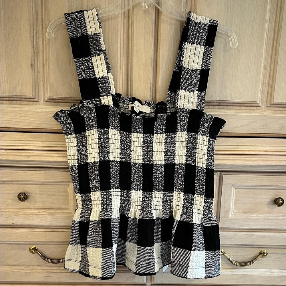 LOFT Black and White Plaid Tank Top with Peplum